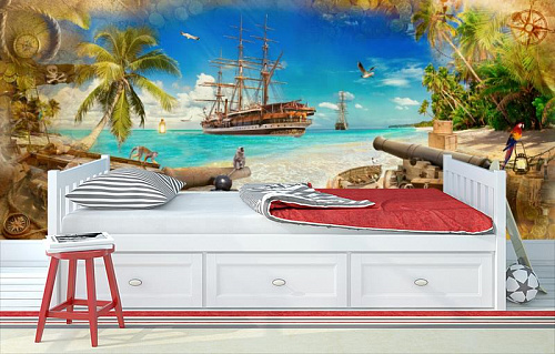 Остров пиратских кораблей в интерьере детской комнаты мальчика