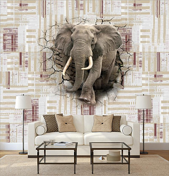 Слон выходит из стены в интерьере гостиной с диваном