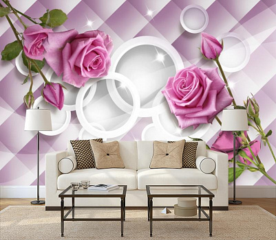 Нежные розы на фоне белых кругов в интерьере гостиной с диваном