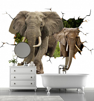 Слоны проламывают и проходят сквозь стену в интерьере ванной