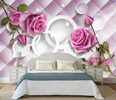 Нежные розы на фоне белых кругов в интерьере спальни