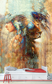 Девушка со львом в интерьере детской комнаты мальчика