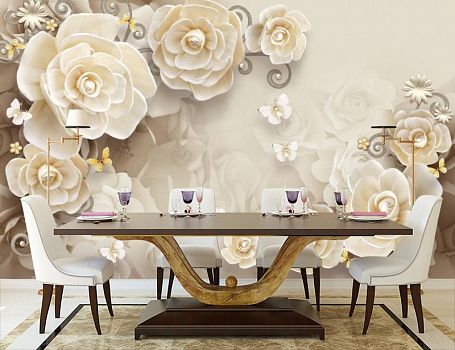 Белые бабочки с цветами  в интерьере кухни с большим столом