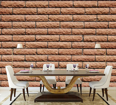 Стена из идеального кирпича в интерьере кухни с большим столом