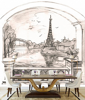 Рисунок Эйфелевой башни в интерьере кухни с большим столом