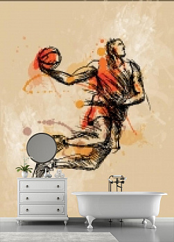 Спортсмен с мячом в интерьере ванной