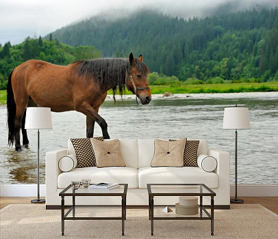 Конь на водопое в интерьере гостиной с диваном