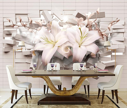 Белые лилии на белом кирпиче в интерьере кухни с большим столом