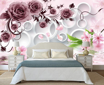 Дизайнерский пруд с лебедями и цветами в интерьере спальни