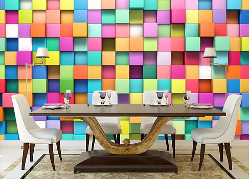 Цветные кубики в интерьере кухни с большим столом