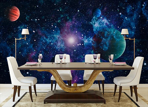 Космические планеты в интерьере кухни с большим столом