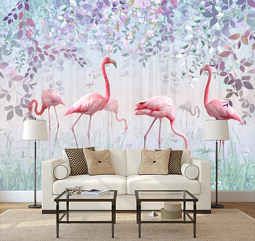 Розовые фламинго на прогулке в интерьере гостиной с диваном