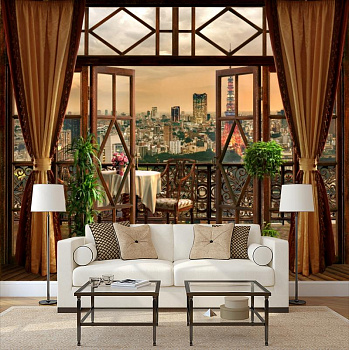 Вид на Эйфелеву башню  в интерьере гостиной с диваном