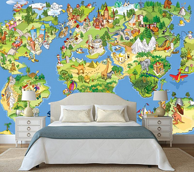 Веселая карта мира в интерьере спальни
