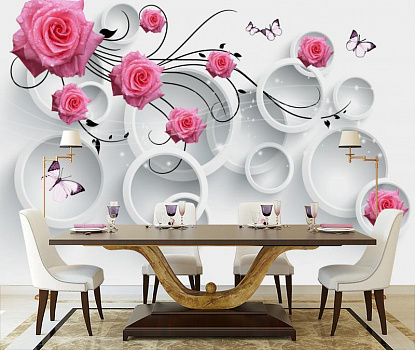 Розы в белых кольцах в интерьере кухни с большим столом