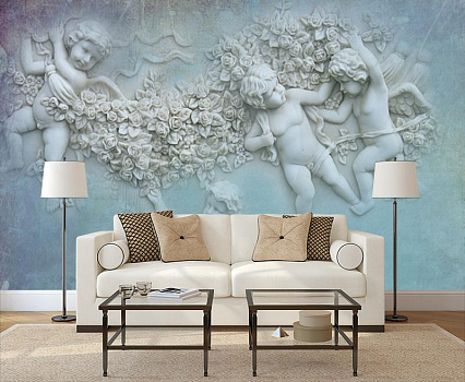 Барельеф ангелы в интерьере гостиной с диваном