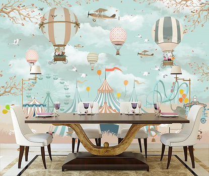 Цирк Шапито с самолетами и воздушными шарами в интерьере кухни с большим столом