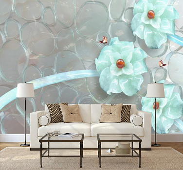 Белые цветы с пузырьками в интерьере гостиной с диваном