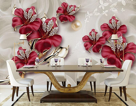 Драгоценные лилии в интерьере кухни с большим столом