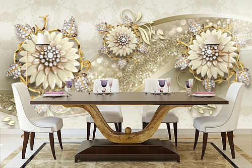 Цветы в драгоценных камнях в интерьере кухни с большим столом