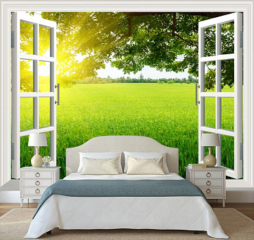 Зеленое поле  в интерьере спальни