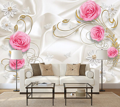 Розовые розы на белом шелке в интерьере гостиной с диваном