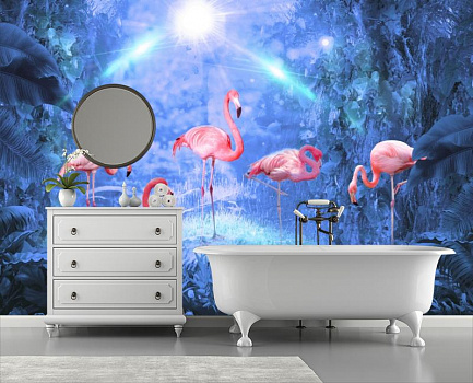 Розовый фламинго в голубом свете  в интерьере ванной