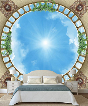 Круглое окно в небо в интерьере спальни
