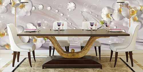 Орхидеи с камнями в интерьере кухни с большим столом