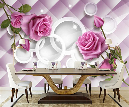 Нежные розы на фоне белых кругов в интерьере кухни с большим столом
