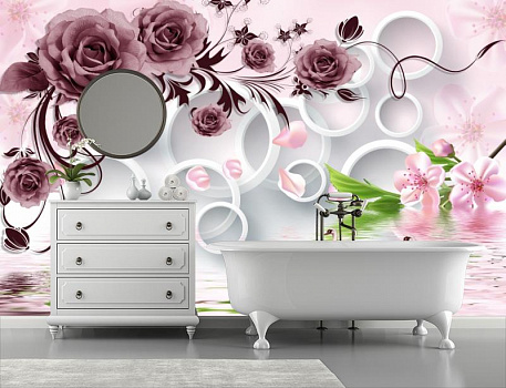 Дизайнерский пруд с лебедями и цветами в интерьере ванной