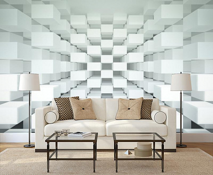 Белые кубы в интерьере гостиной с диваном