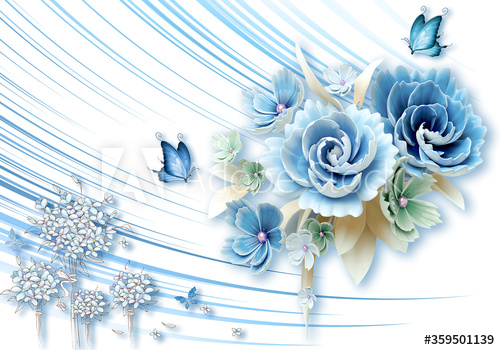 Голубые цветы с бабочками