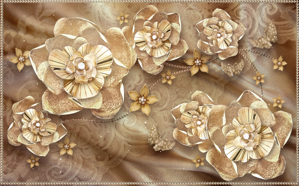 Золотые цветы на шоколадной ткани