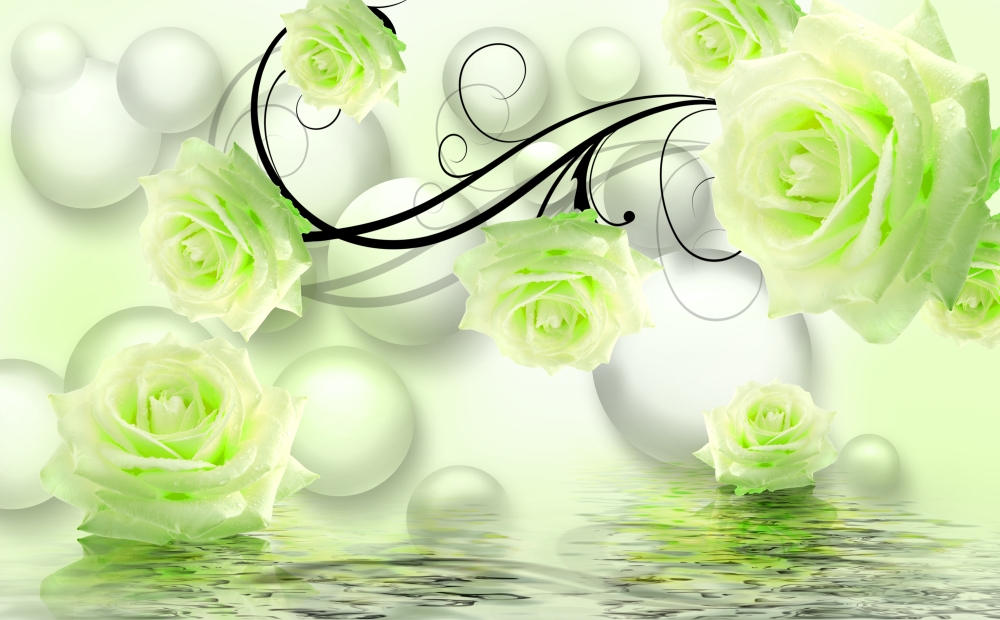 Зеленые розы с белыми шарами
