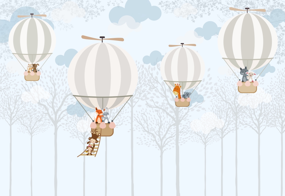 Животные на воздушных шарах над лесом
