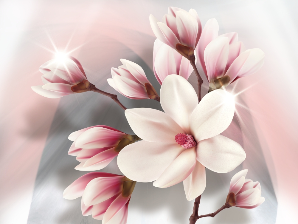 Белые цветы на розово-сером 