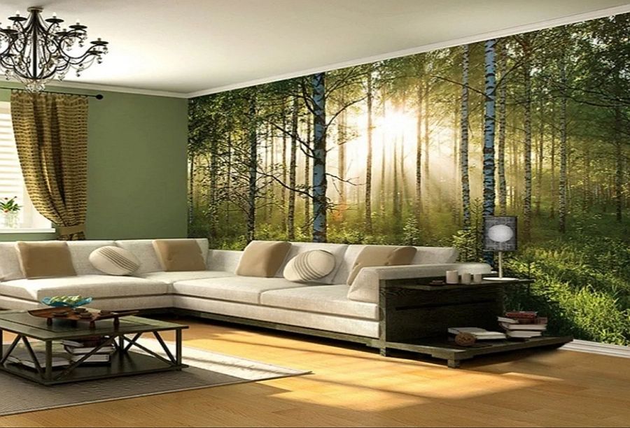 Фотообои - берёзовый лес в интерьере гостиной
