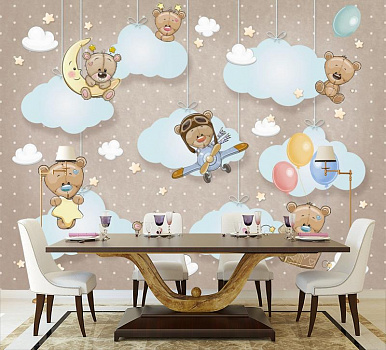 Мишки в облаках в кофейных тонах в интерьере кухни с большим столом