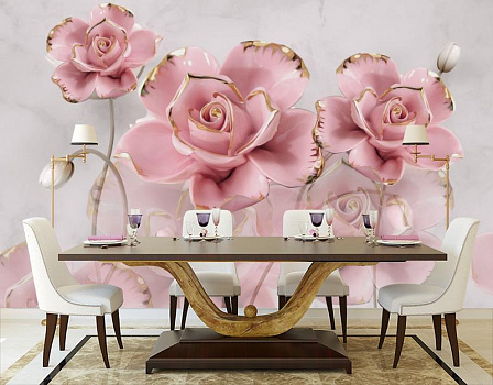 Розовая фантазия в интерьере кухни с большим столом