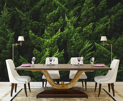 Зеленый лес в интерьере кухни с большим столом