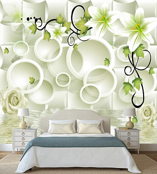 3Д круги и белые цветы в интерьере спальни