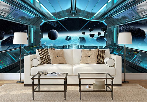 Космический корабль в космосе в интерьере гостиной с диваном