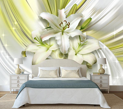 Лилии в белом шелке в интерьере спальни