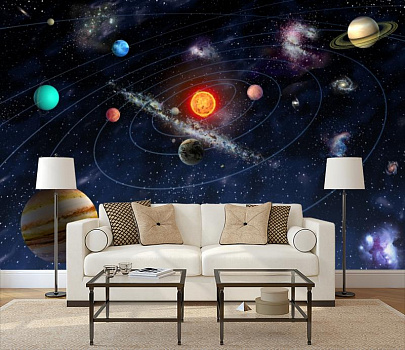 Планеты на орбите в интерьере гостиной с диваном