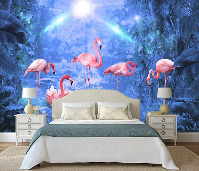 Розовый фламинго в голубом свете  в интерьере спальни