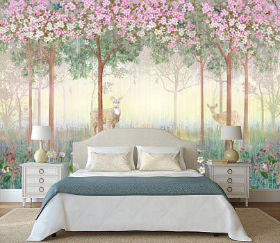 Олени среди цветущих деревьев в интерьере спальни