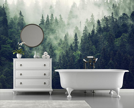 Туманный еловый лес в интерьере ванной