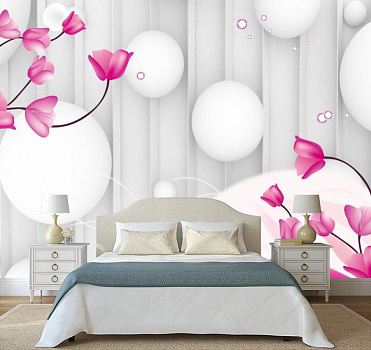 Белые шары с нежными цветочками в интерьере спальни