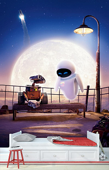 Роботы на фоне белой планеты в интерьере детской комнаты мальчика